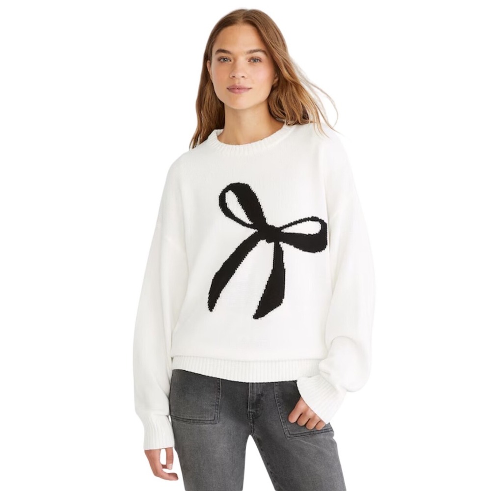 Aeropostale White Bow Graphic Crewneck Sweater Size M Coquette Preppy Aesthetic